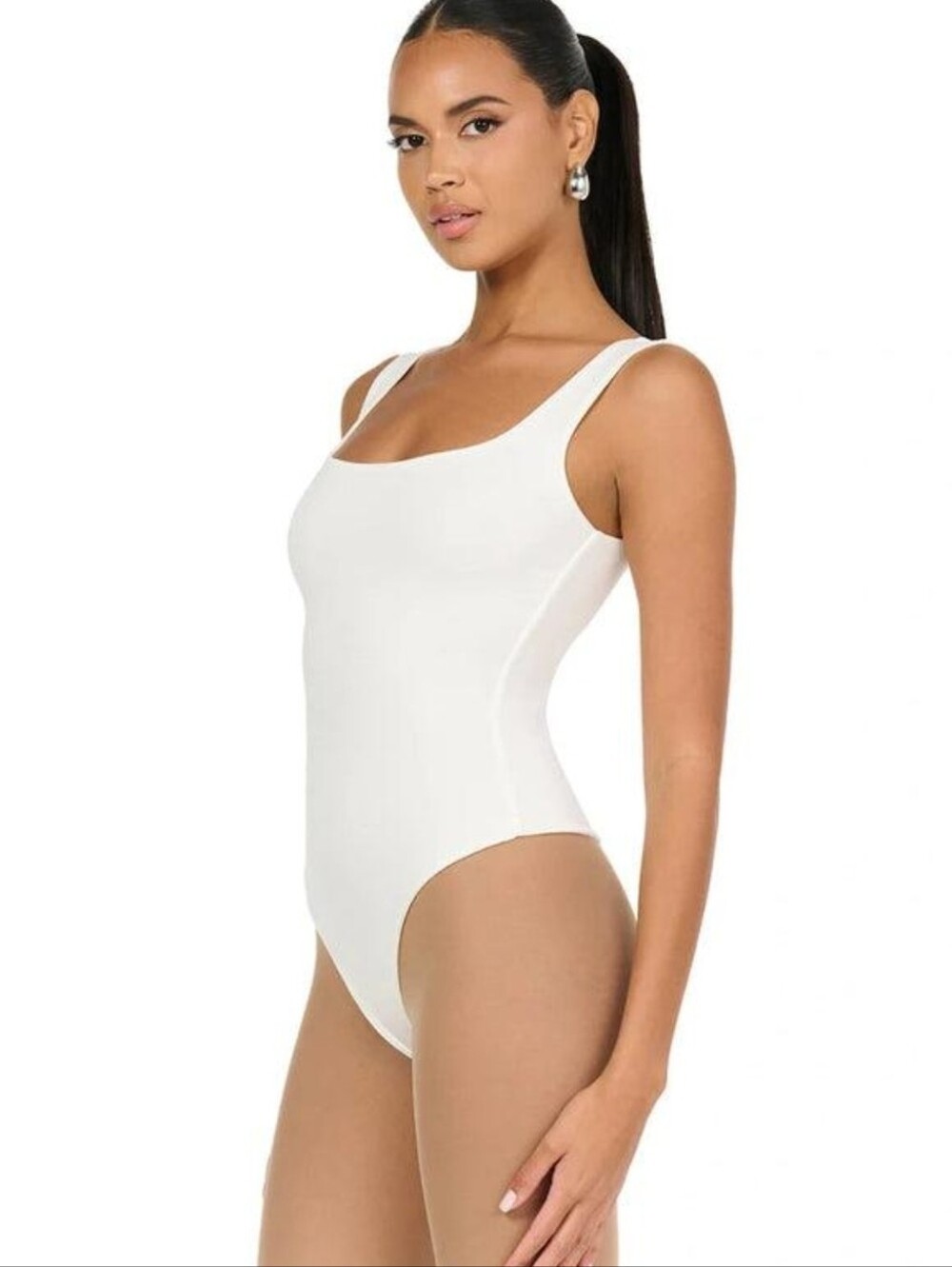 Naked Wardrobe White Scoop Neck Tank Bodysuit | Stretchy Fitted Basics